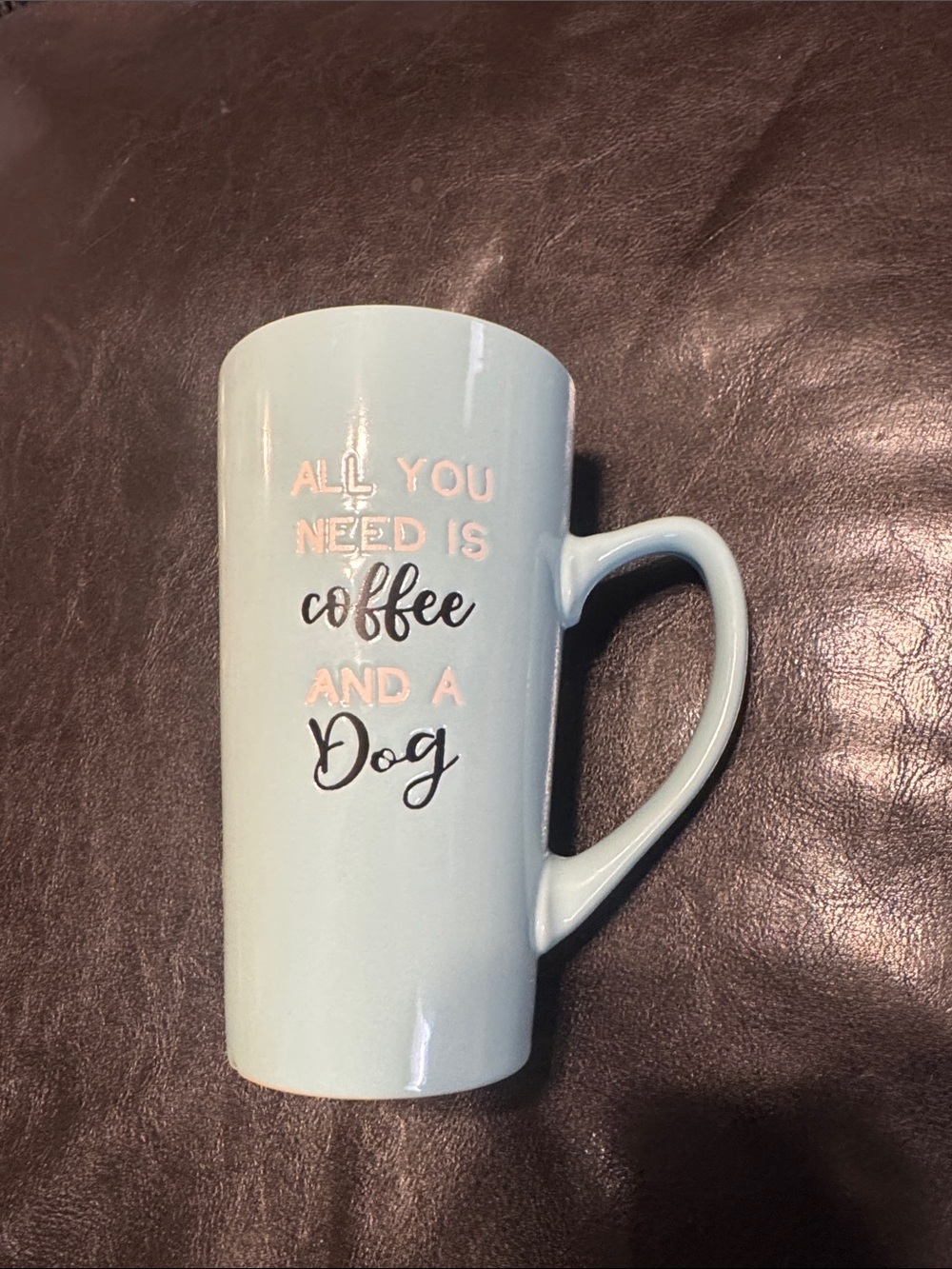 Sky Light Blue Ceramic Mug with Dog & Coffee Script